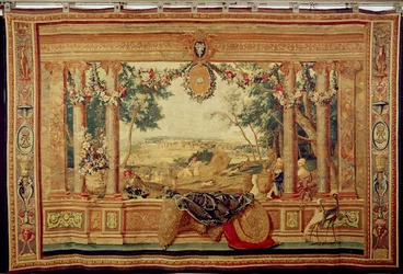 Kuukauden kesäkuu Chateau of Fontainebleau, kuvakudossarjasta "The Months or Royal Residences", tuotettu Louis XIV:n Gobelins Workshopissa (kuvakudos)